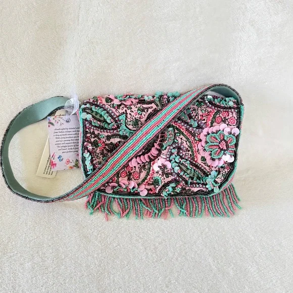 Viral Beaded Pink, Blue, & Purple Paisley Shoulder Bag w/ Beaded Fringe - Picture 6 of 8